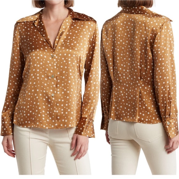 Vince Silk Tossed Dot Fitted Collar Blouse Camel 1X